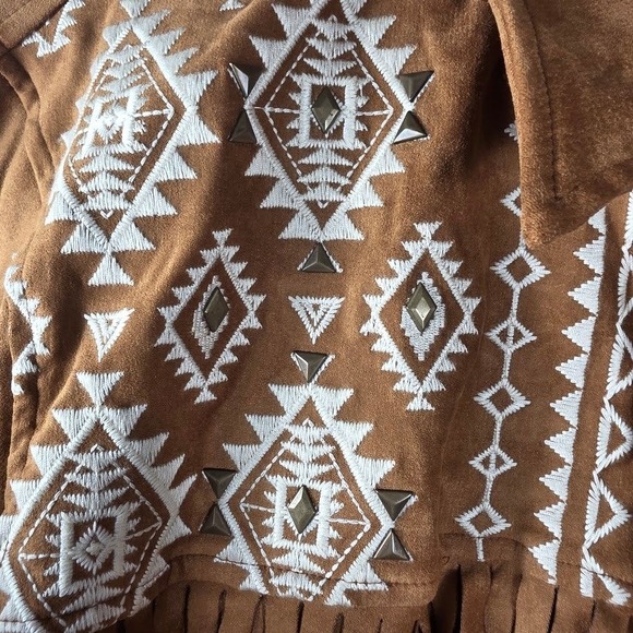 Savanna Jane Womens Suede Fringe Embroidered Geometric Boho Jacket Medium - Picture 3 of 6